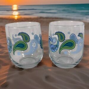 CRISA LIBBEY Glass Paisley Blue Green White 4.5" stemless wine Vintage Set of 2